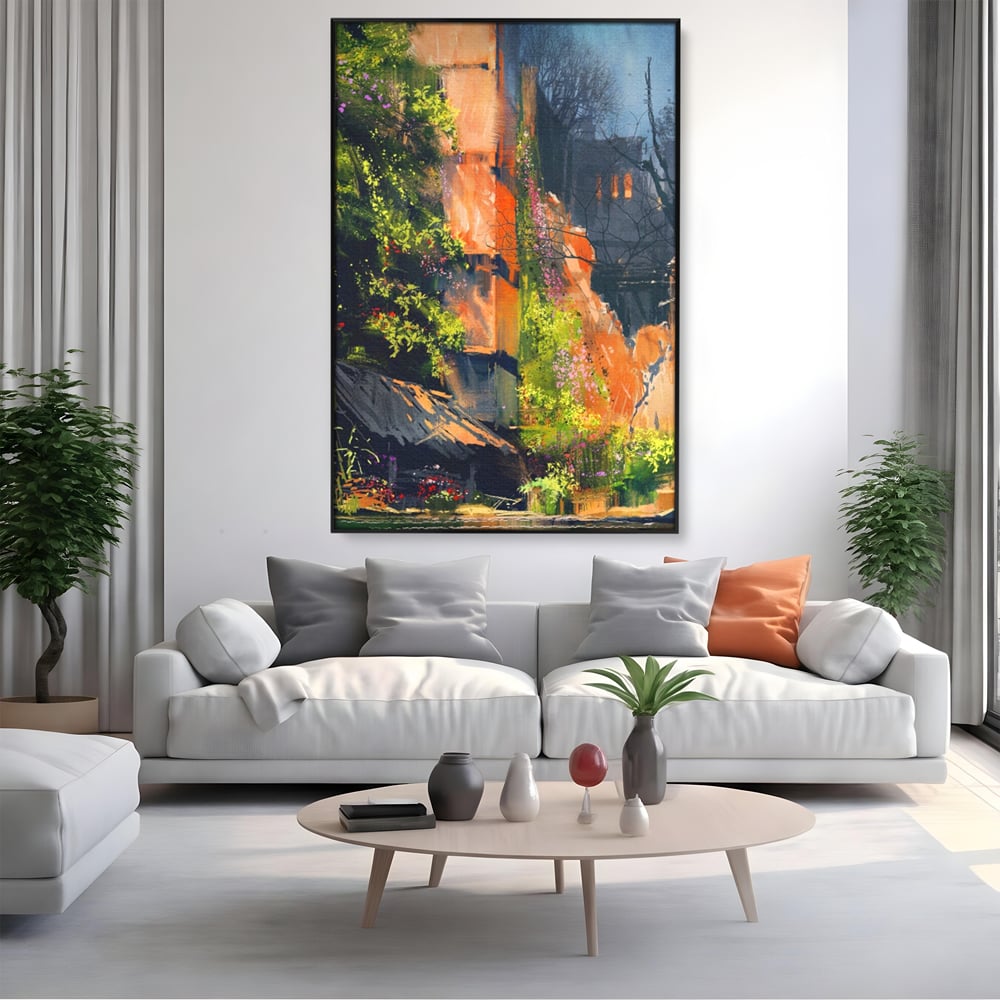 Tablou canvas cu pictura verticala cu ziduri vechi si flori, in rama de aluminiu negru, pe perete intr-un living